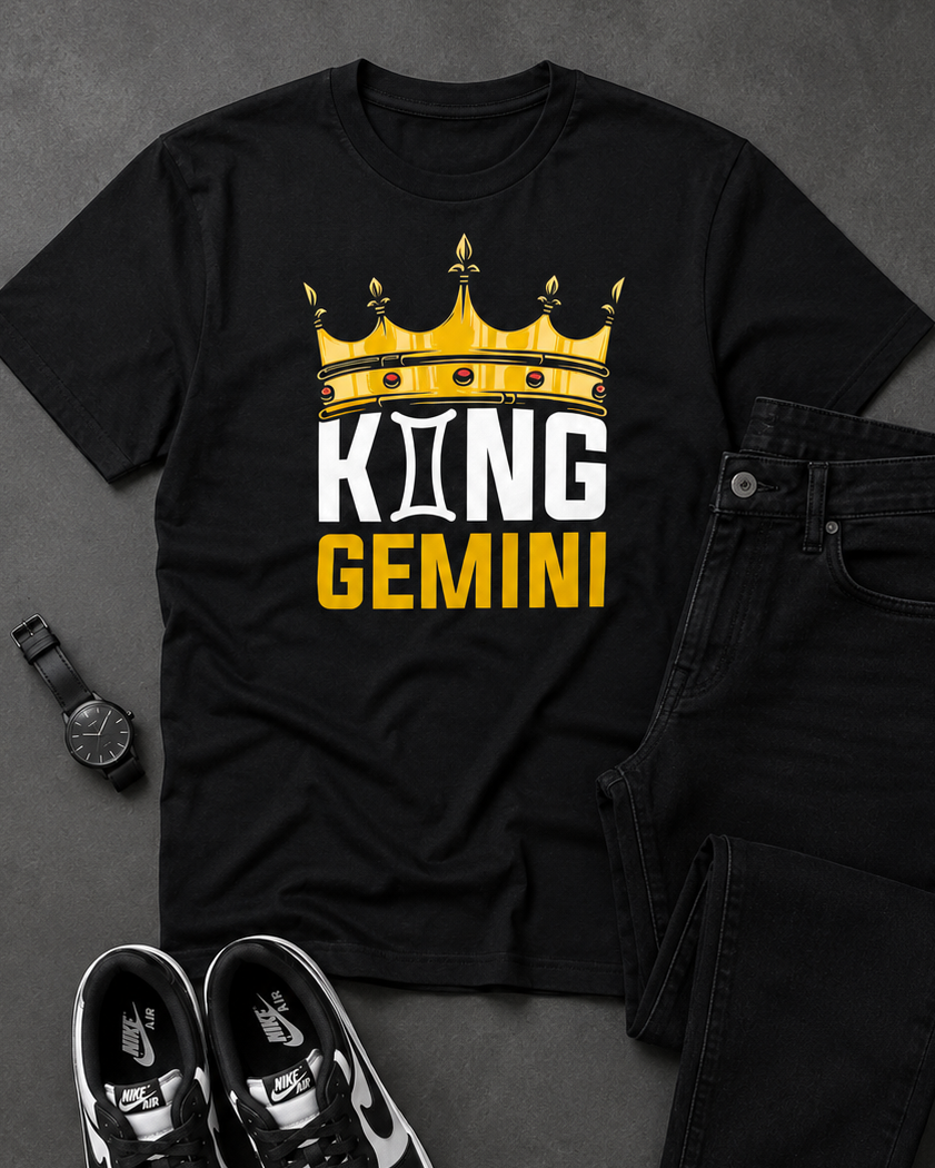 Black t-shirt with 'King Gemini' design, black sneakers, black jeans, and a watch on a gray background