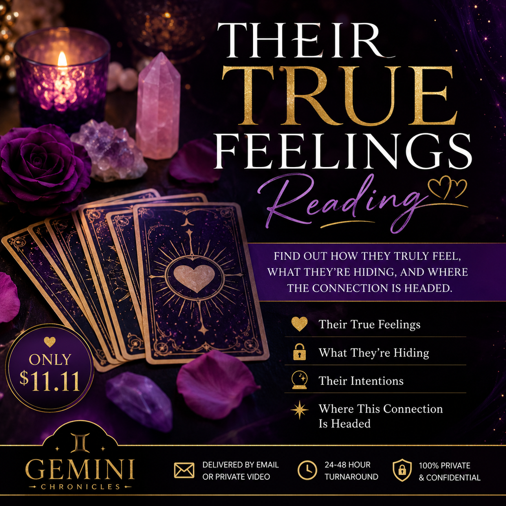 Promotional flyer for 'Their True Feelings Reading' with tarot cards, crystals, and candles on a dark background.