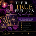 Promotional flyer for 'Their True Feelings Reading' with tarot cards, crystals, and candles on a dark background.