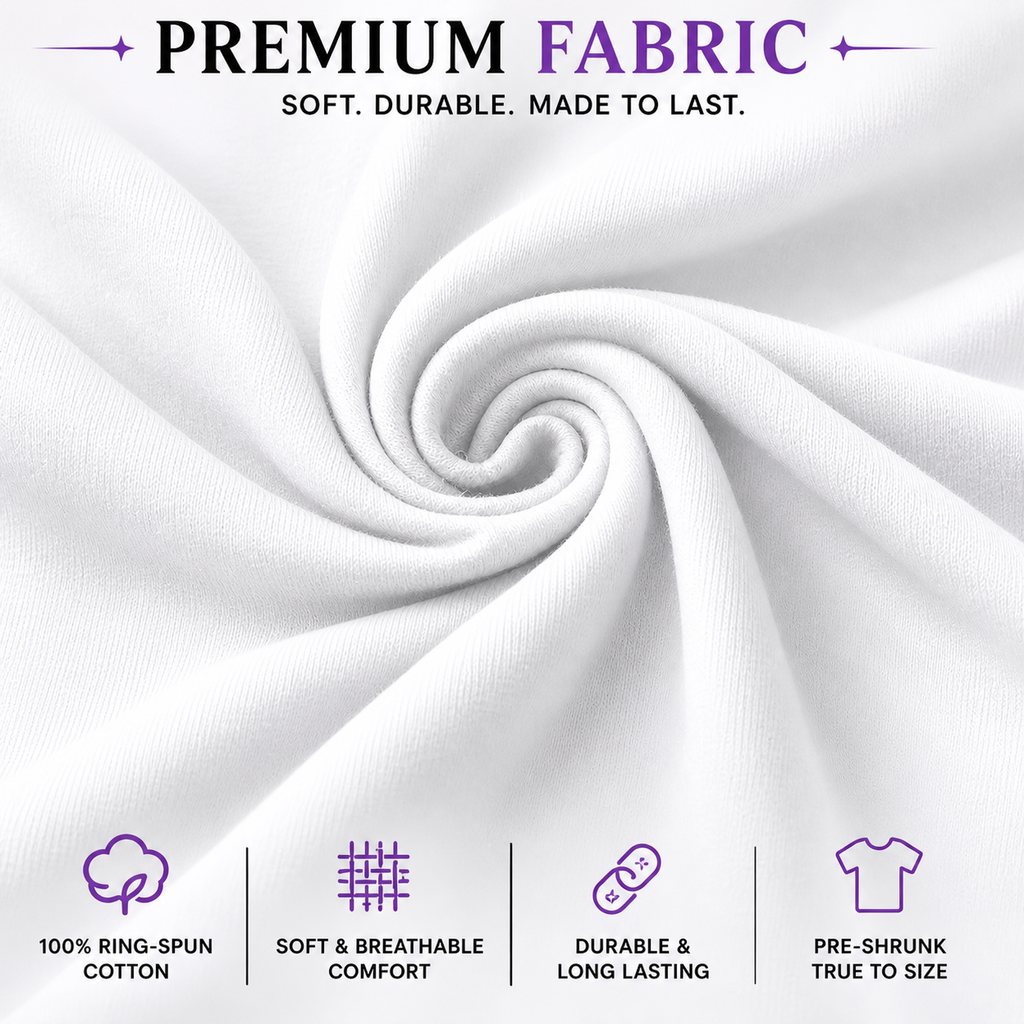 White fabric with text highlighting premium fabric qualities and features.