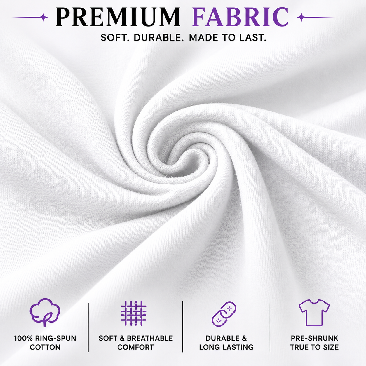 White fabric with text highlighting premium fabric qualities and features.