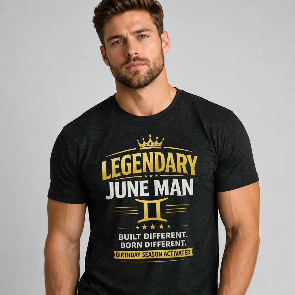 Man wearing a black t-shirt with 'Legendary June Man' design on a gray background