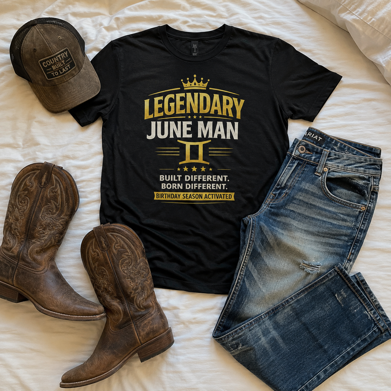 Black t-shirt with 'Legendary June Man' text, cowboy boots, and jeans on a bed.