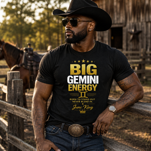 Man wearing a black t-shirt with 'BIG GEMINI ENERGY' text, standing in a rustic setting with horses.