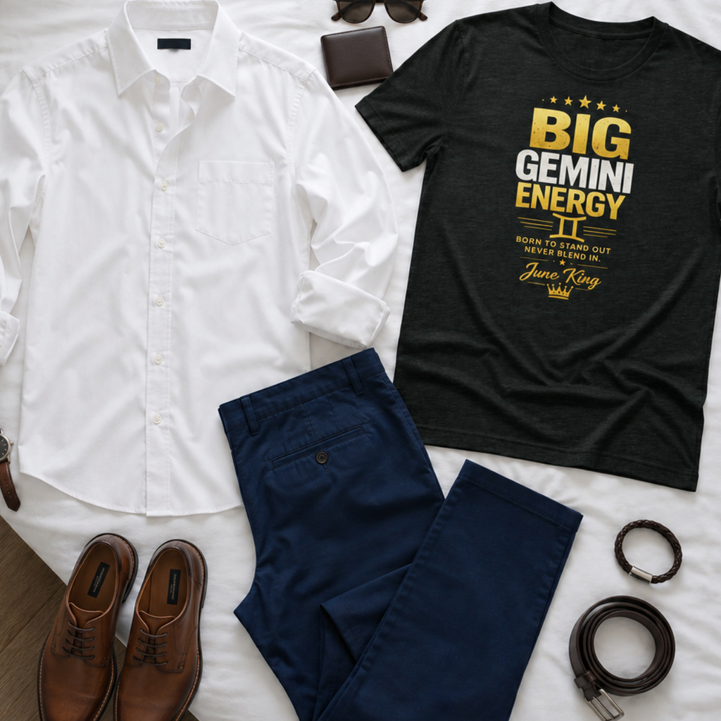 White shirt, black t-shirt with text, blue pants, brown shoes, and accessories on a white surface.