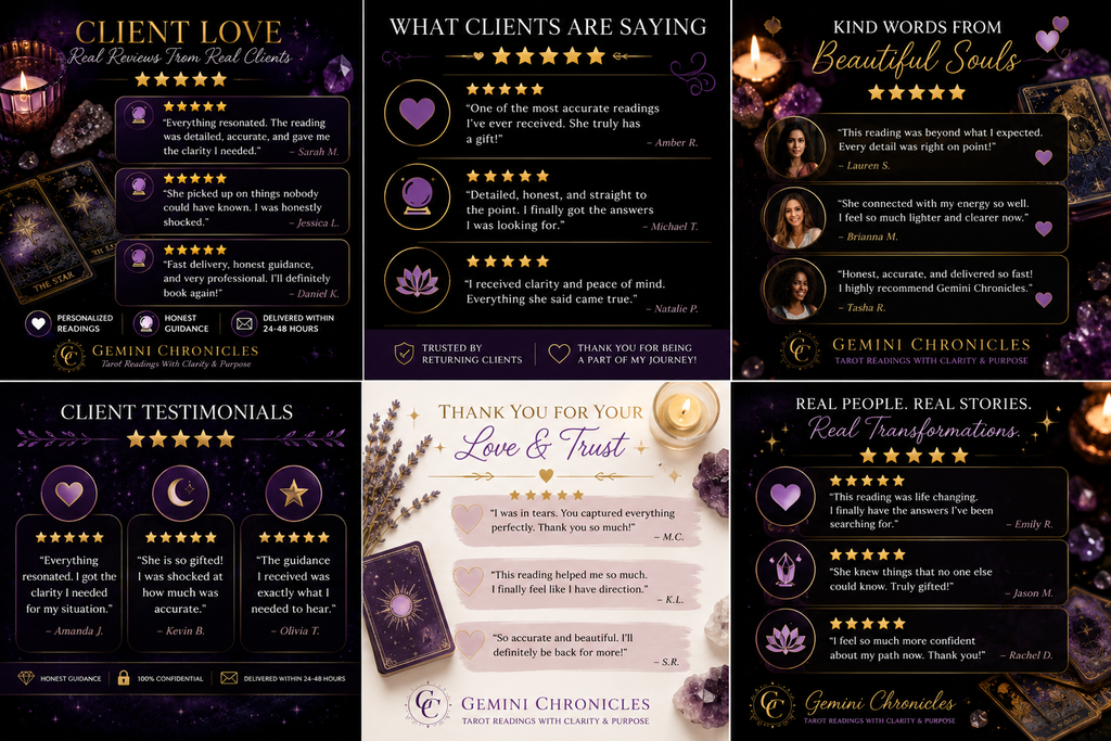 Collage of testimonials and client love from Gemini Chronicles, featuring dark backgrounds with purple accents.
