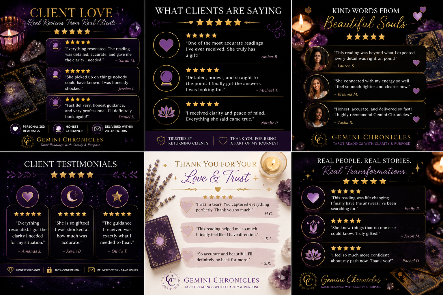 Collage of testimonials and client love from Gemini Chronicles, featuring dark backgrounds with purple accents.