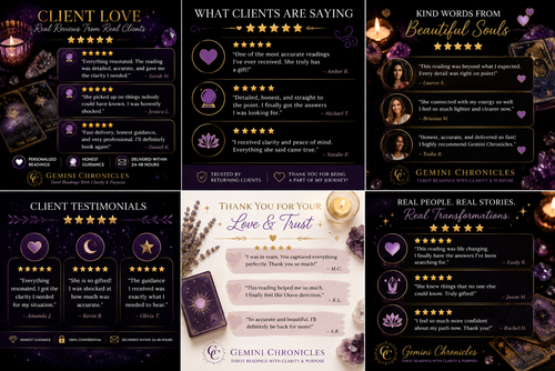 Collage of testimonials and client love from Gemini Chronicles, featuring dark backgrounds with purple accents.
