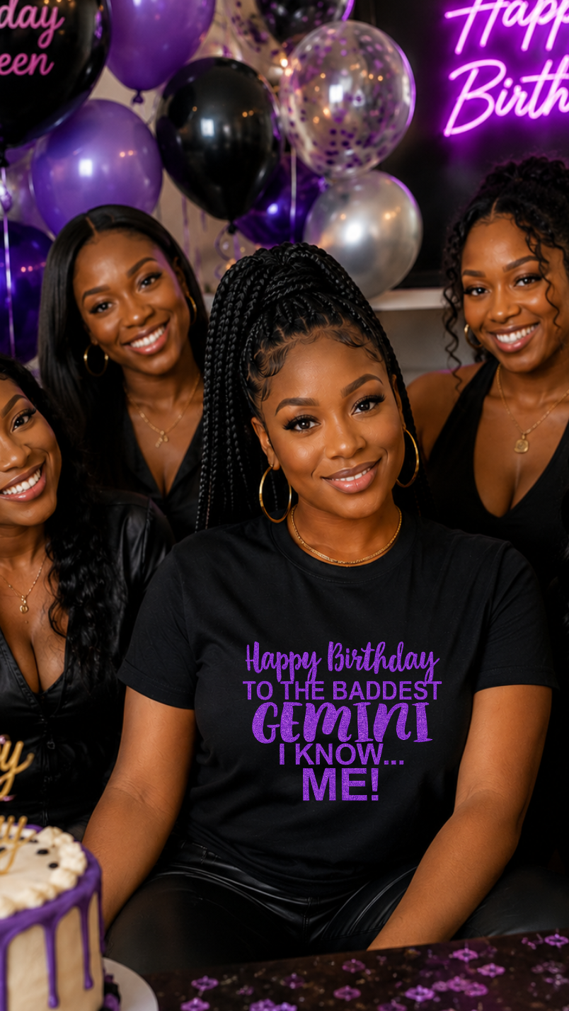 Group of women celebrating a birthday with purple and black decorations.