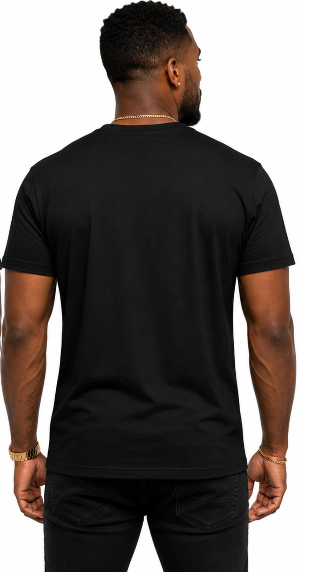 Man wearing a black t-shirt on a white background