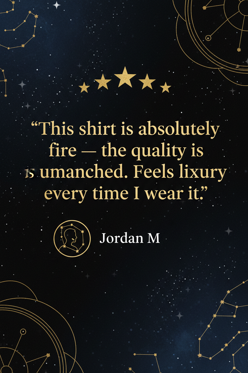 Five-star review text on a starry night sky background with constellation designs.