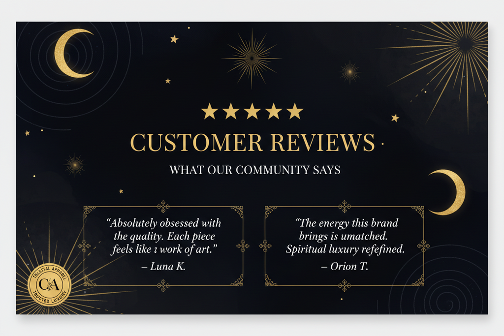 Decorative design with customer reviews on a black background with gold accents.