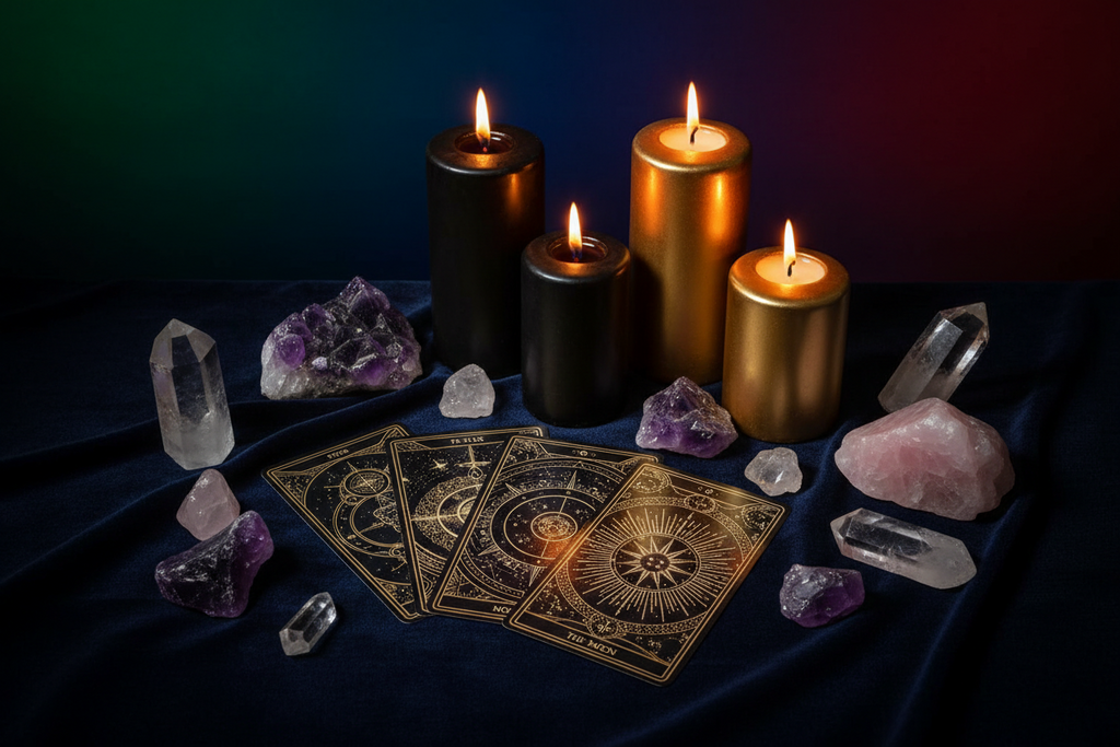 Candlelit scene with tarot cards, crystals, and amethysts on a dark fabric background