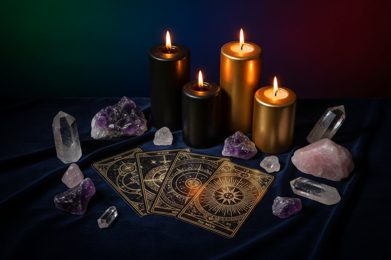 Candlelit scene with tarot cards, crystals, and amethysts on a dark fabric background