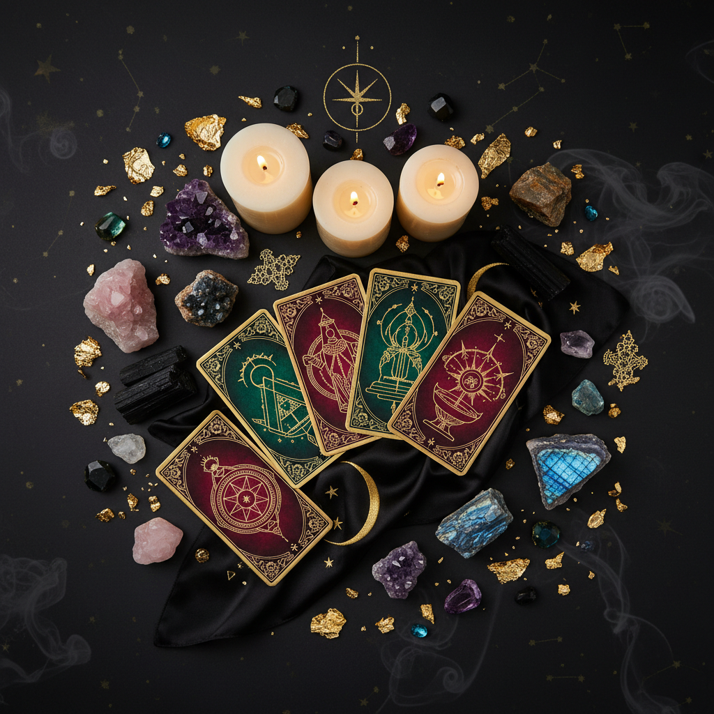 Tarot cards with candles and crystals on a dark background